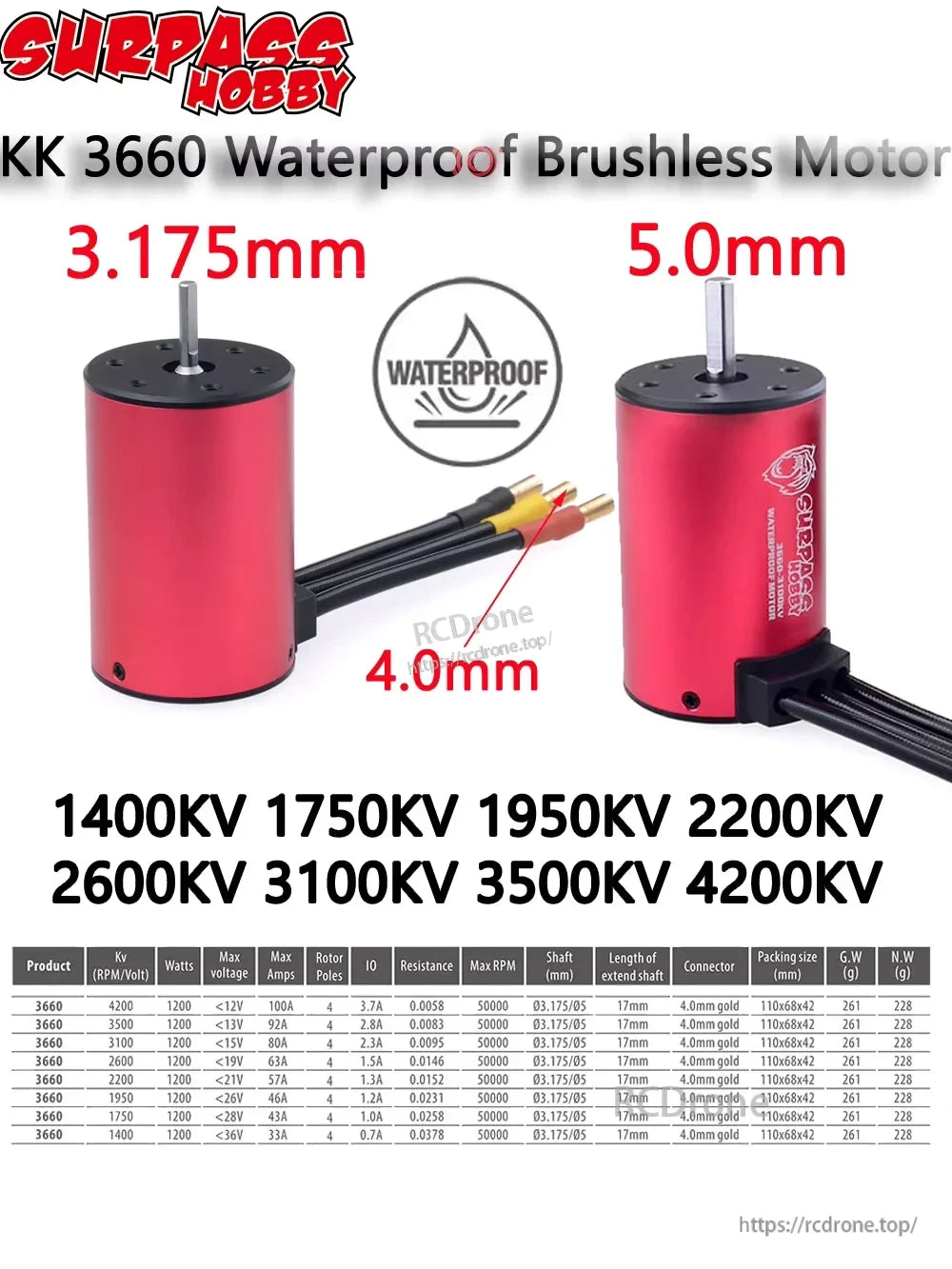 SURPASSHOBBY KK 3660 waterproof brushless motor with 3.175mm/5.0mm shaft options and 4.0mm bullets