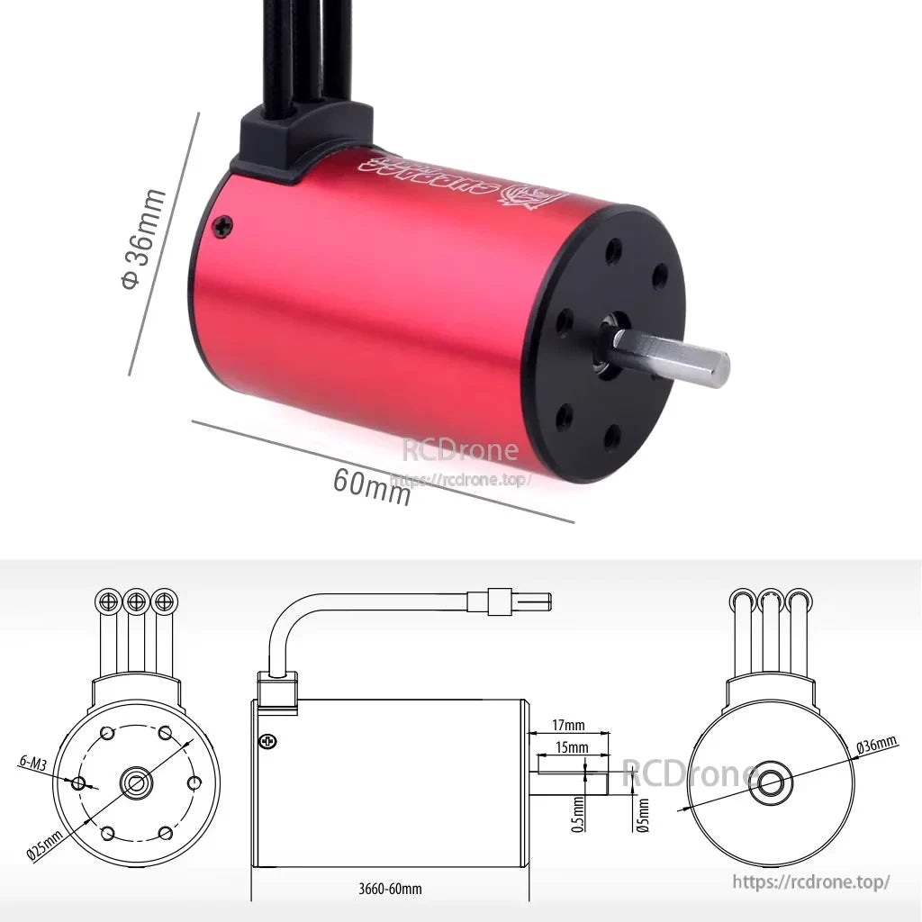KK 3660 motor size diagram showing 36mm diameter, 60mm can length, and mounting/shaft measurements