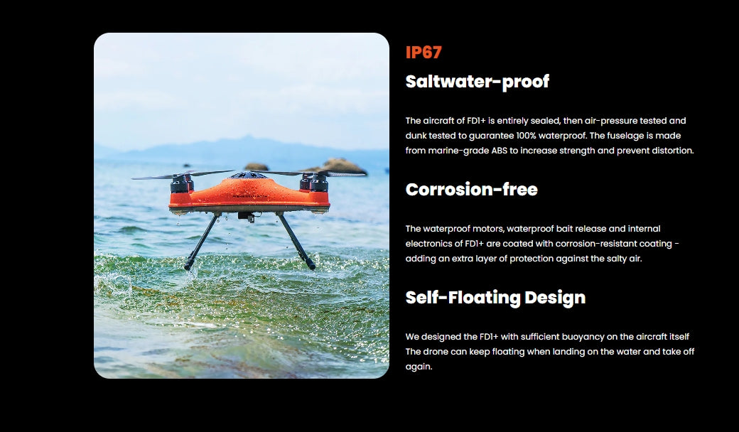 The SwellPro Fisherman FD1+ Waterproof Fishing Drone features an entirely sealed design with air-pressure tested and dunk-tested guarantee for 100% waterproof protection.