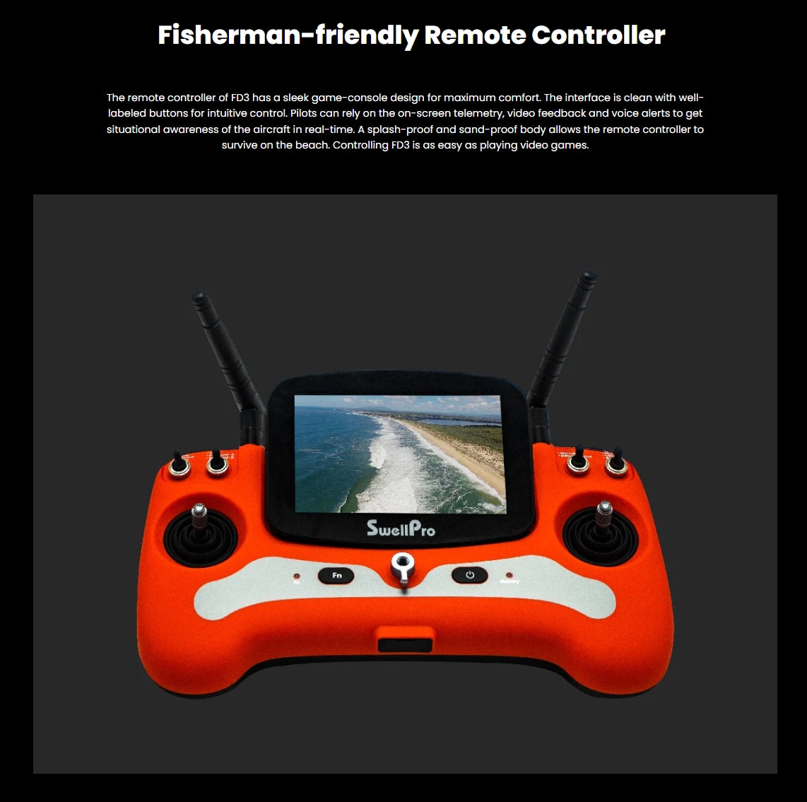 SwellPro Fisherman FD3 WaterProof Fishing Drone, Fisherman-friendly remote controller designed for comfort with intuitive controls and features like telemetry, video feedback, and voice alerts.