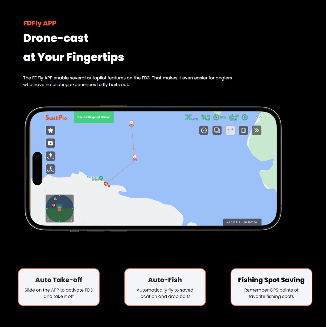 SwellPro Fisherman FD3 WaterProof Fishing Drone, The FDFly app makes autopilot features easy to use for beginners, enabling auto-takeoff, auto-fishing, and spot-saving.