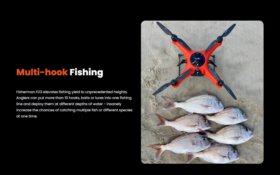 SwellPro Fisherman FD3 WaterProof Fishing Drone, Multi-hook Fishing Fisherman FD3 boosts yields by allowing anglers to set up to 10 hooks, baits, or lures on a single line.