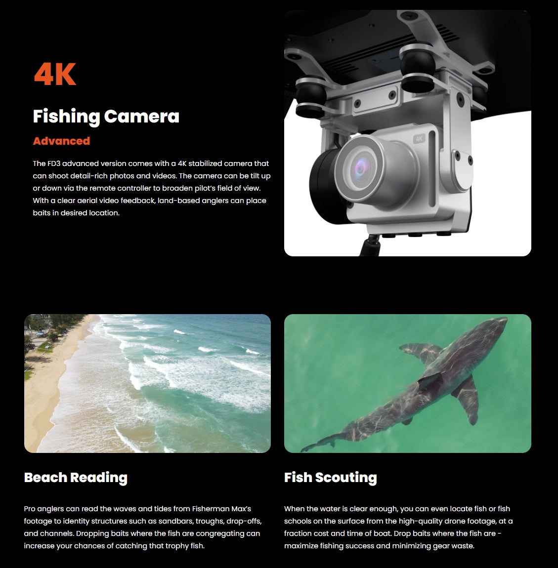 SwellPro Fisherman FD3 WaterProof Fishing Drone, The FD3 features a 4K stabilized camera for high-quality photos and videos, allowing precise bait placement and efficient fishing.