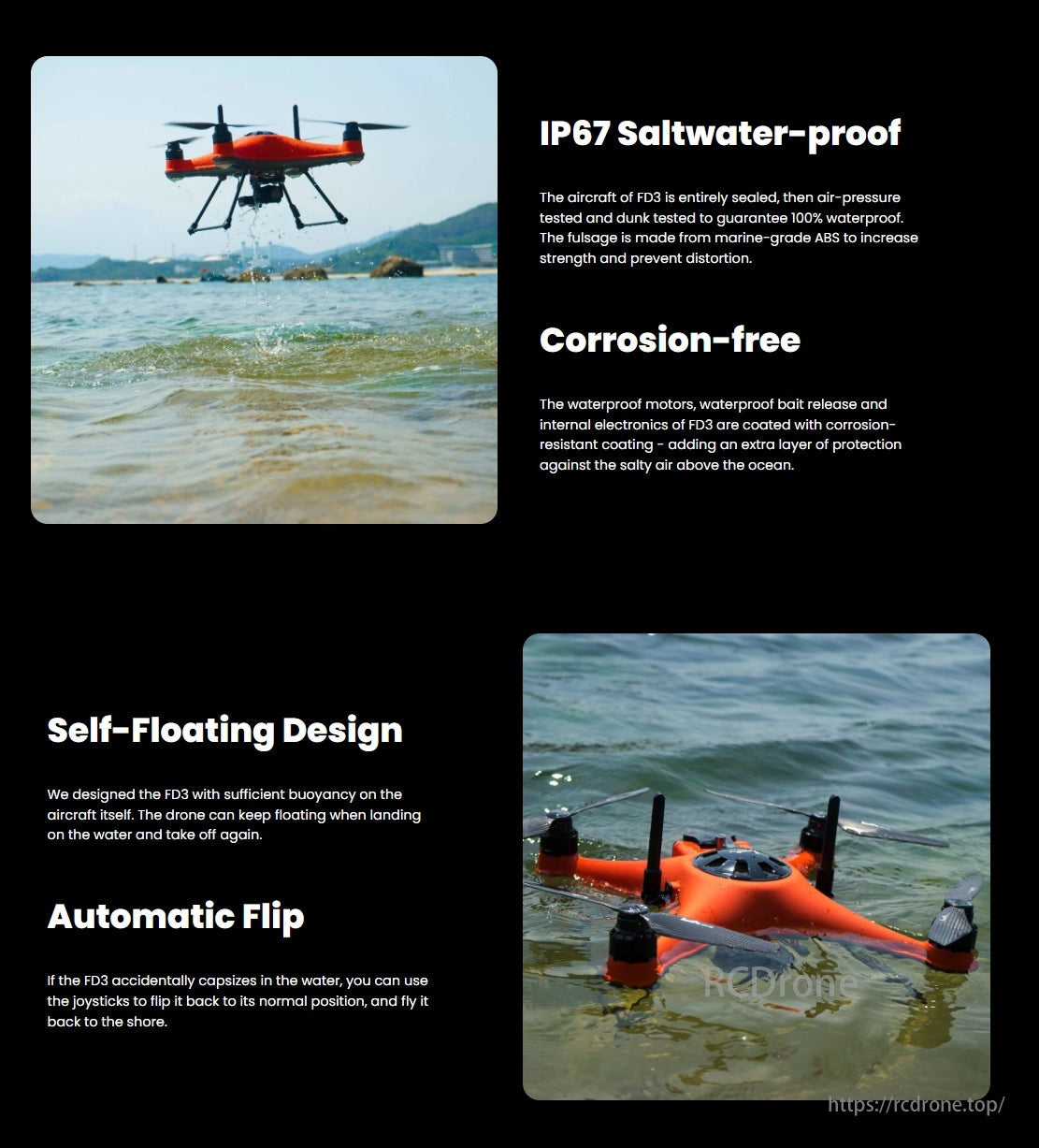 SwellPro Fisherman FD3 WaterProof Fishing Drone, The FD3 aircraft is fully waterproofed, using marine-grade materials and coated electronics for protection against corrosion.