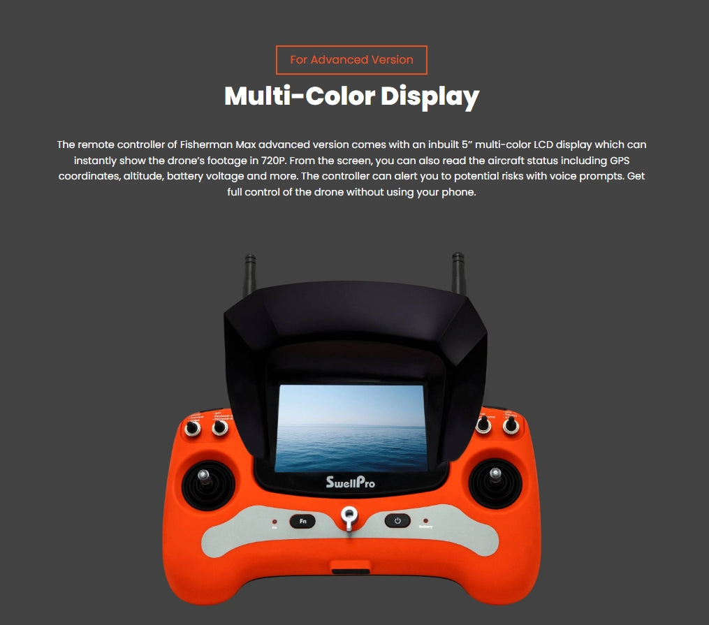 The Fisherman Max remote controller features a 5-inch multi-color LCD display showing drone footage and status.