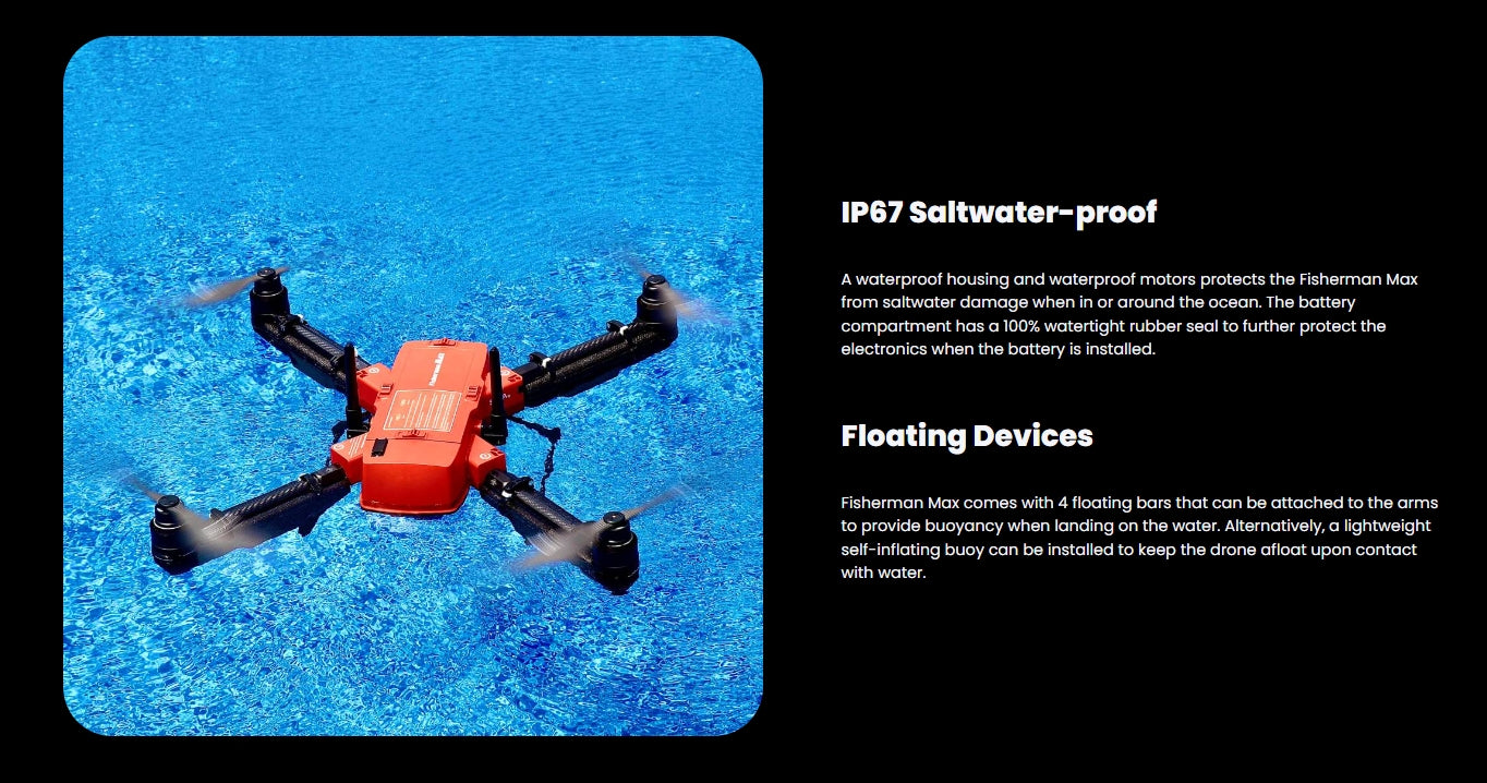 The SwellPro Fisherman MAX FD2 Heavy Lift Fishing Drone features IP67 waterproof housing and motors for saltwater protection.