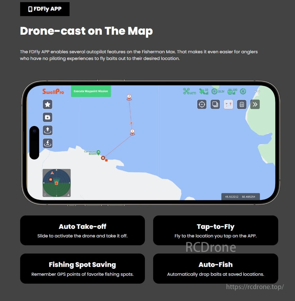 The Fisherman MAX FD2 Heavy Lift Fishing Drone features autopilot capabilities for easy fishing with auto-takeoff, tap-to-fly, and slide-to-activate functions.