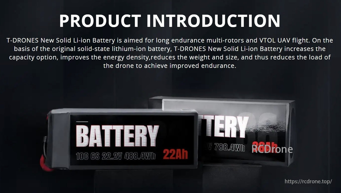 T-Drones Ares 6S 27Ah Drone Battery, T-DRONES' new Li-ion battery for multi-rotors and VTOL UAVs boosts endurance with higher capacity, energy density; available in 488.4Wh and 788.4Wh options.