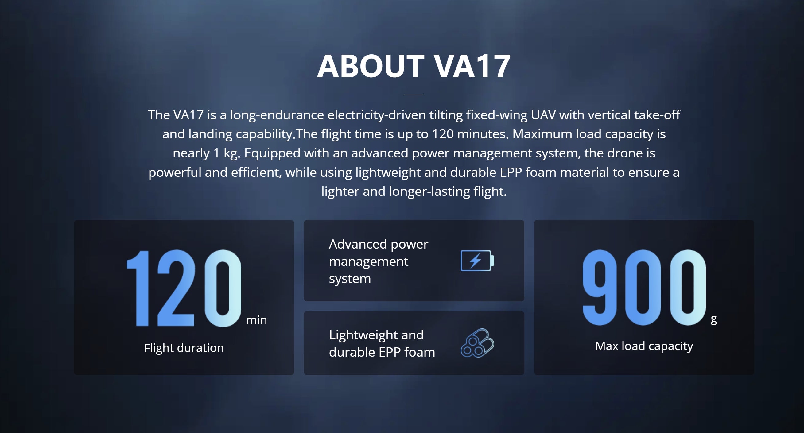 T-Motor T-Drone VA17 Fixed Wing VTOL Drone, The VA17 is a long-endurance electric UAV with VTOL capability, maximum 120-minute flight time, and payload capacity of nearly 1 kg.