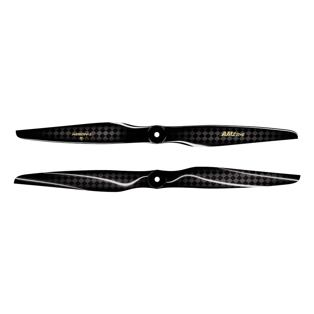 Pair of T-HOBBY AMZ 22x10 carbon fiber propellers with black weave finish and center mounting holes