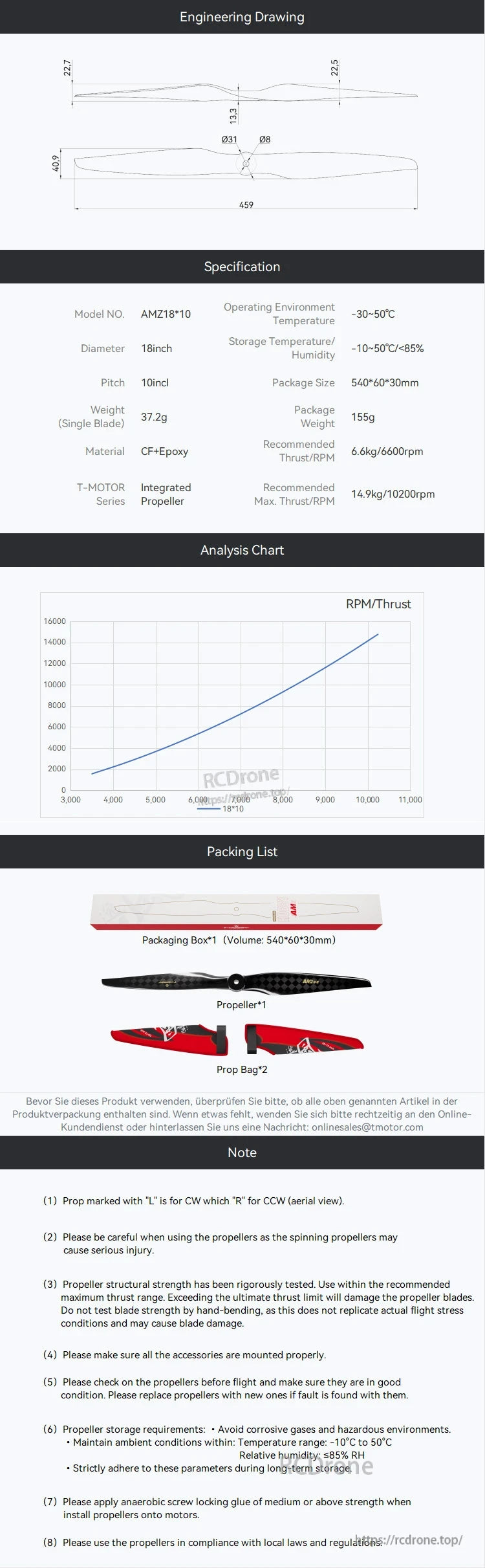 T-HOBBY AMZ 22x10 Carbon Fiber Propeller, Engineering drawing and specs for AMZ18x10 carbon fiber propeller, CF+epoxy, 18 in diameter, 10 in pitch