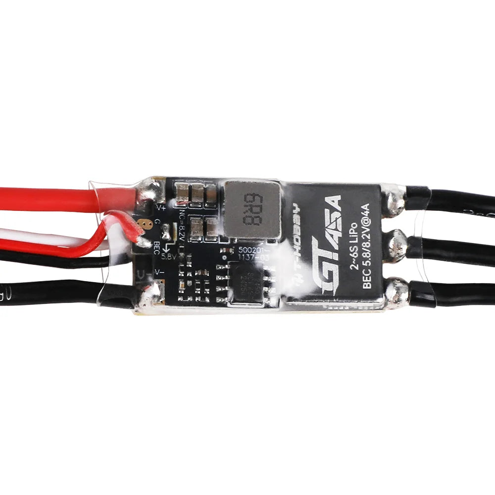 T-HOBBY GT45A 45A FPV Wing ESC, T-HOBBY GT45A FPV wing ESC with wired leads, labeled 2–6S LiPo and BEC 5/8.2V@4A