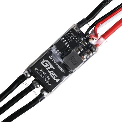 T-HOBBY GT45A 45A FPV Wing ESC, T-HOBBY GT 45A FPV wing ESC with heat-shrink case, 2–6S LiPo rating and BEC 5.8/8.2V 6A label