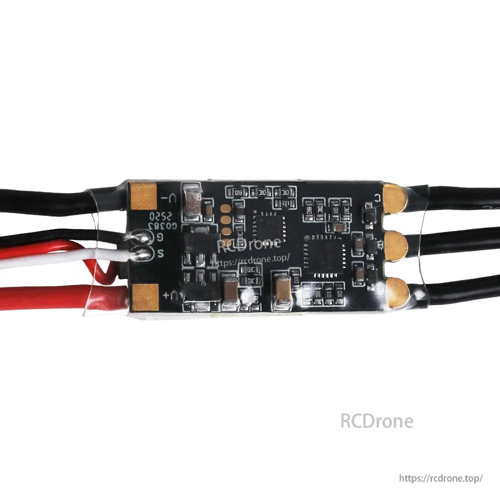 T-HOBBY GT45A 45A FPV Wing ESC, Close-up of T-HOBBY GT45A FPV wing ESC circuit board with solder pads and attached motor and power wires