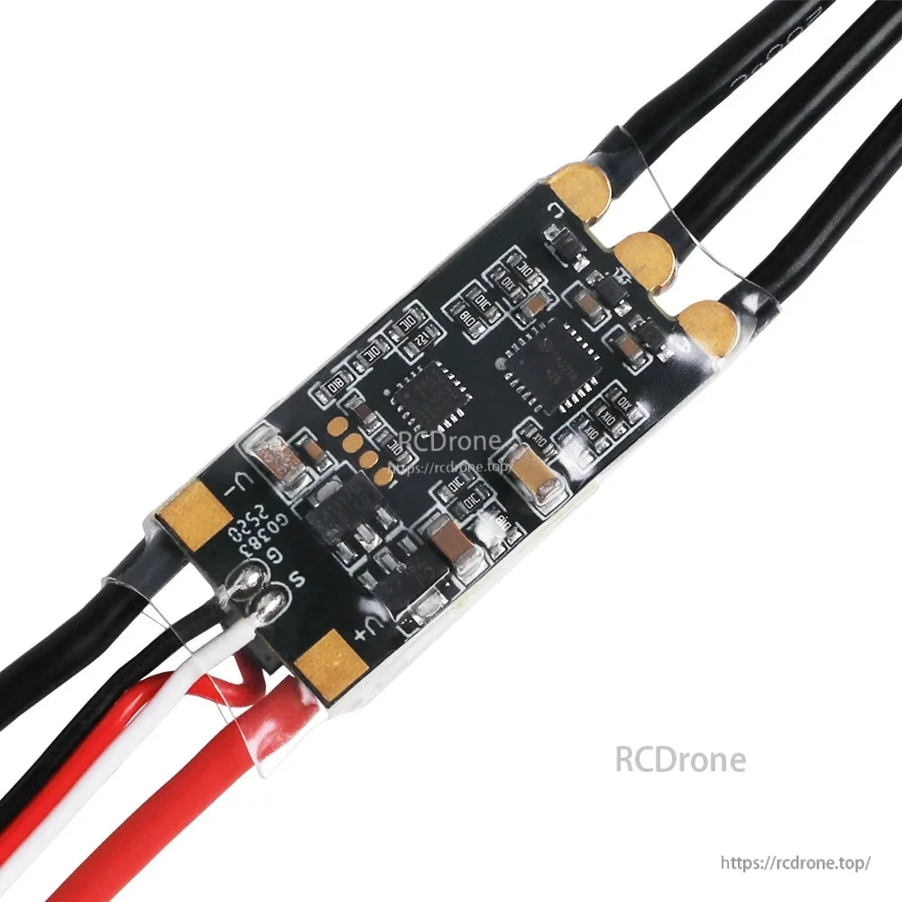 T-HOBBY GT45A 45A FPV Wing ESC, T-HOBBY GT45A FPV wing ESC circuit board with three motor leads and battery power wires attached