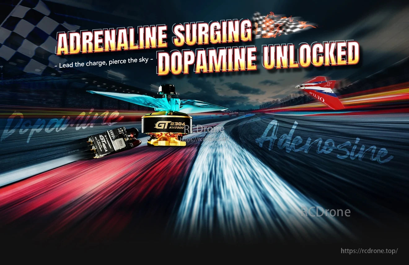 T-HOBBY GT45A 45A FPV Wing ESC, Promotional banner with a GT brushless motor and compact ESC on a racetrack background with bold slogan text