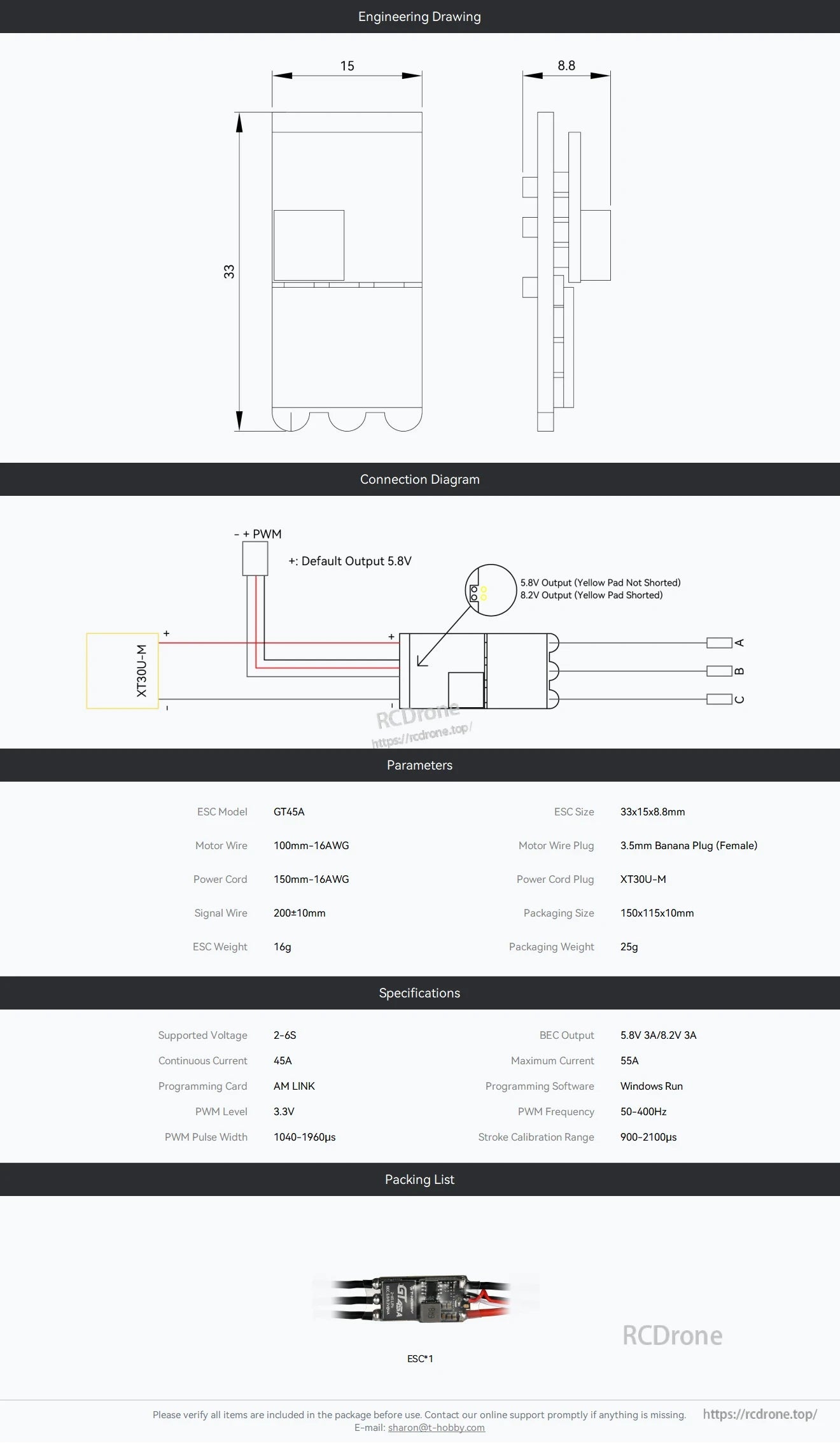 T-HOBBY GT45A 45A FPV wing ESC wiring diagram and dimensions, with XT30U-M power lead and BEC output notes