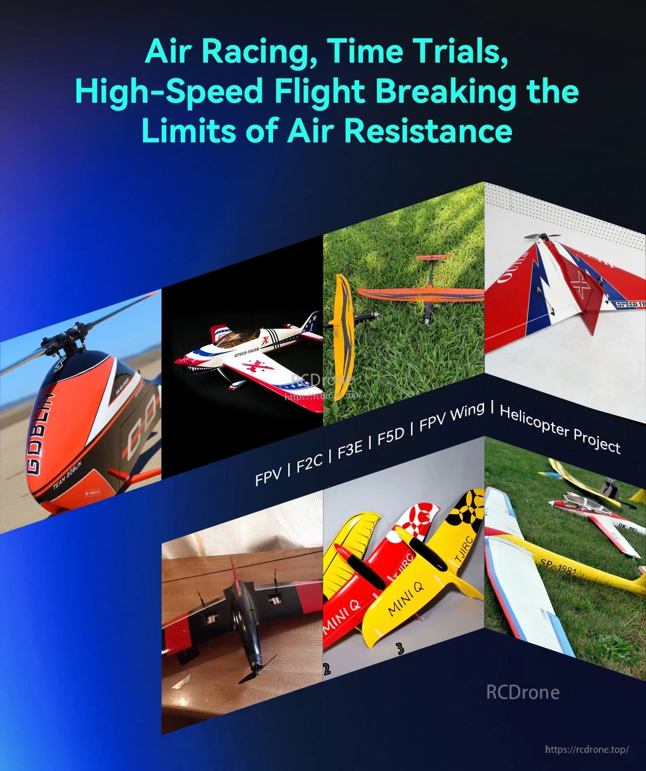 T-HOBBY GT45A 45A FPV Wing ESC, Air racing and high-speed FPV RC aircraft collage banner with helicopter and wing planes, time trials theme