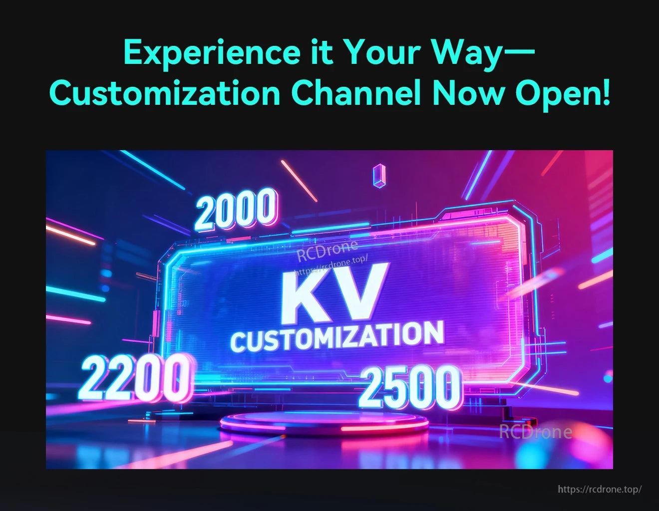 T-HOBBY GT45A 45A FPV Wing ESC, Neon graphic reading “KV Customization” with 2000, 2200 and 2500 options and a “Customization Channel Now Open” headline