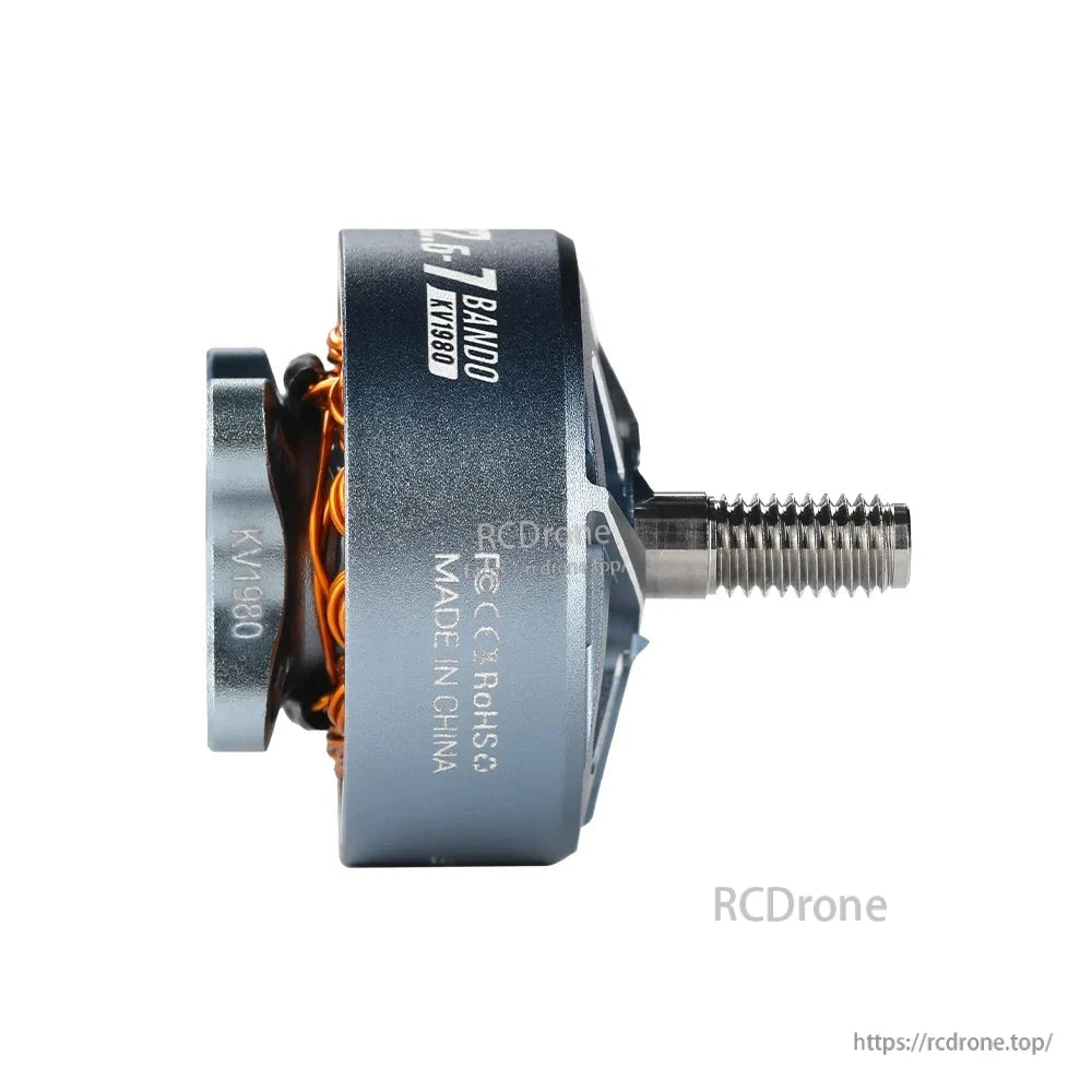 Side view of FPV drone brushless motor with KV1980 marking and long M5 threaded shaft for prop mounting