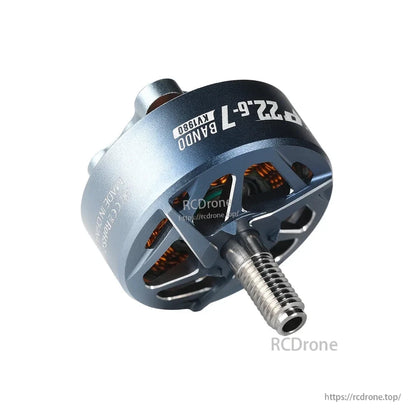 T-HOBBY Pacer P22.6-7 brushless FPV drone motor with blue housing, visible copper windings and threaded shaft