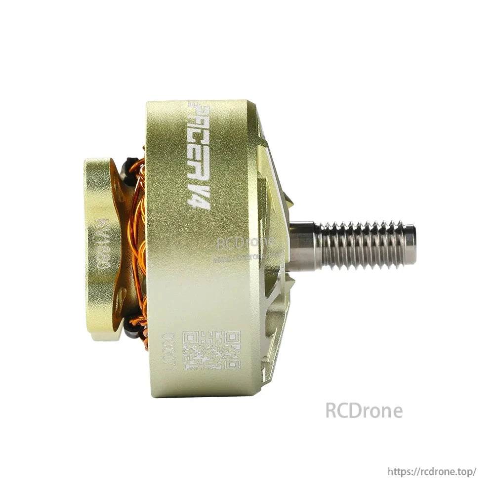 T-HOBBY Pacer FPV brushless motor side view with gold housing, M5 threaded shaft, and 1880KV marking
