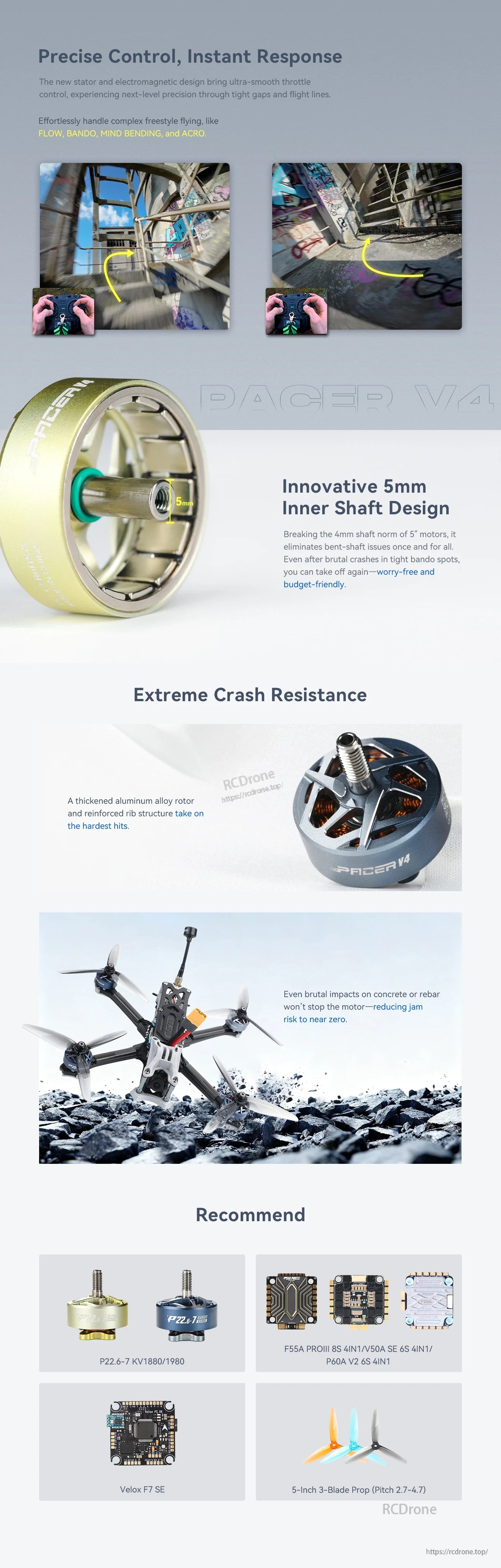 T-HOBBY Pacer P22.6-7 FPV brushless motor with 5mm inner shaft and threaded prop mount, Pacer V4 branding