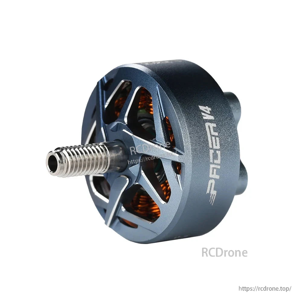 T-HOBBY Pacer brushless FPV drone motor close-up with metal threaded shaft and vented bell housing