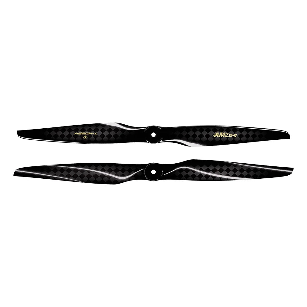 Pair of T-Hobby AMZ 20x10 carbon fiber propellers with black checkered weave and center mounting holes