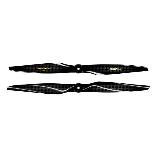 Pair of T-Hobby AMZ 20x10 carbon fiber propellers with black checkered weave and center mounting holes