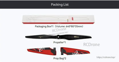 T-Hobby AMZ 20x10 Carbon Fiber Propeller, Packing list showing AMZ carbon fiber propeller with packaging box and two red prop bags