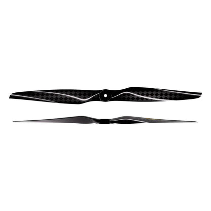 T-Hobby AMZ 20x10 Carbon Fiber Propeller, T-Hobby AMZ 20x10 carbon fiber two-blade propeller with center mounting hub, shown in top and side profile