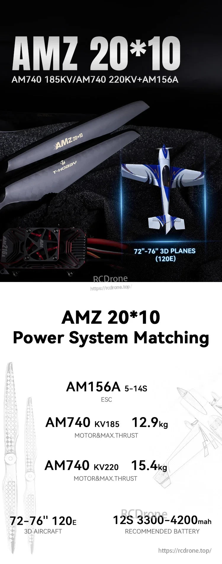 T-Hobby AMZ 20x10 carbon fiber propeller with power system matching info for 72–76 inch 3D planes