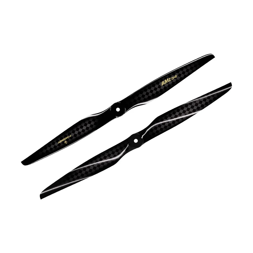 Pair of T-Hobby AMZ 23x10 carbon fiber propellers with black woven finish and center mounting hole