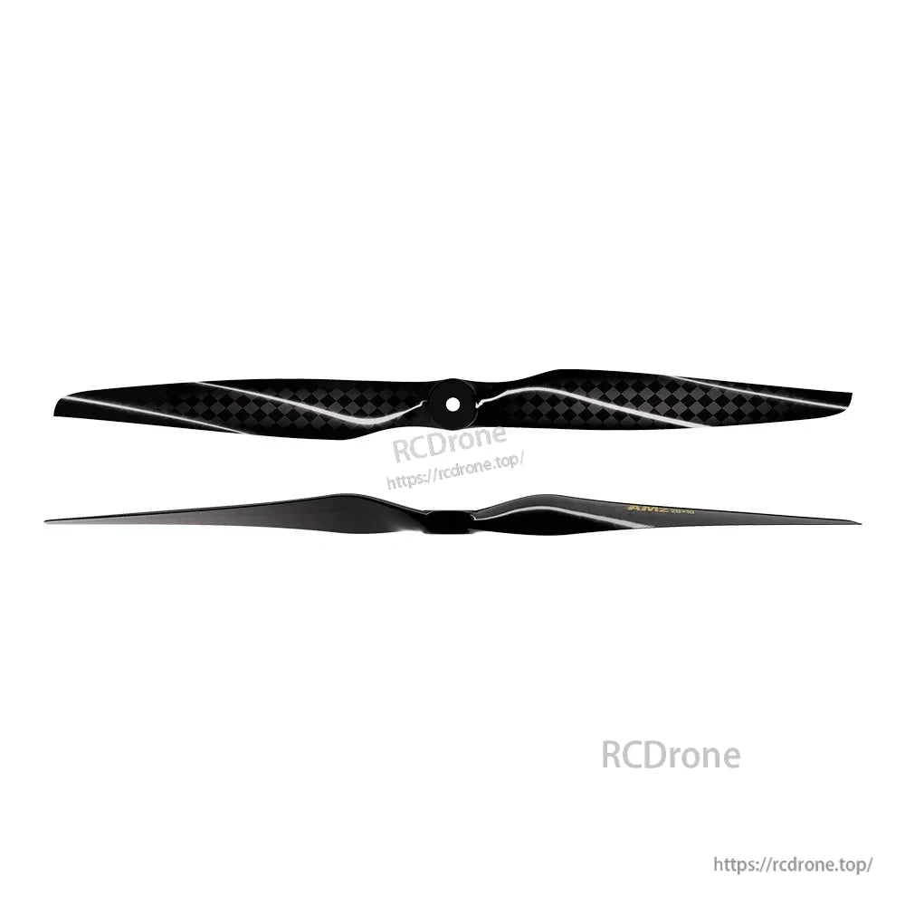 T-Hobby AMZ 23x10 carbon fiber propeller with woven finish and central mounting hole, top and side views