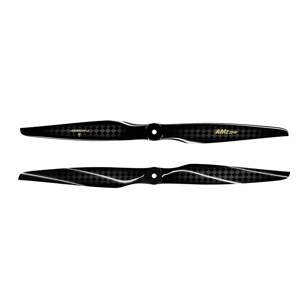T-Hobby AMZ 23x10 Carbon Fiber Propeller, T-Hobby AMZ 23x10 two-blade carbon fiber propeller with black checkered finish and center mounting hole