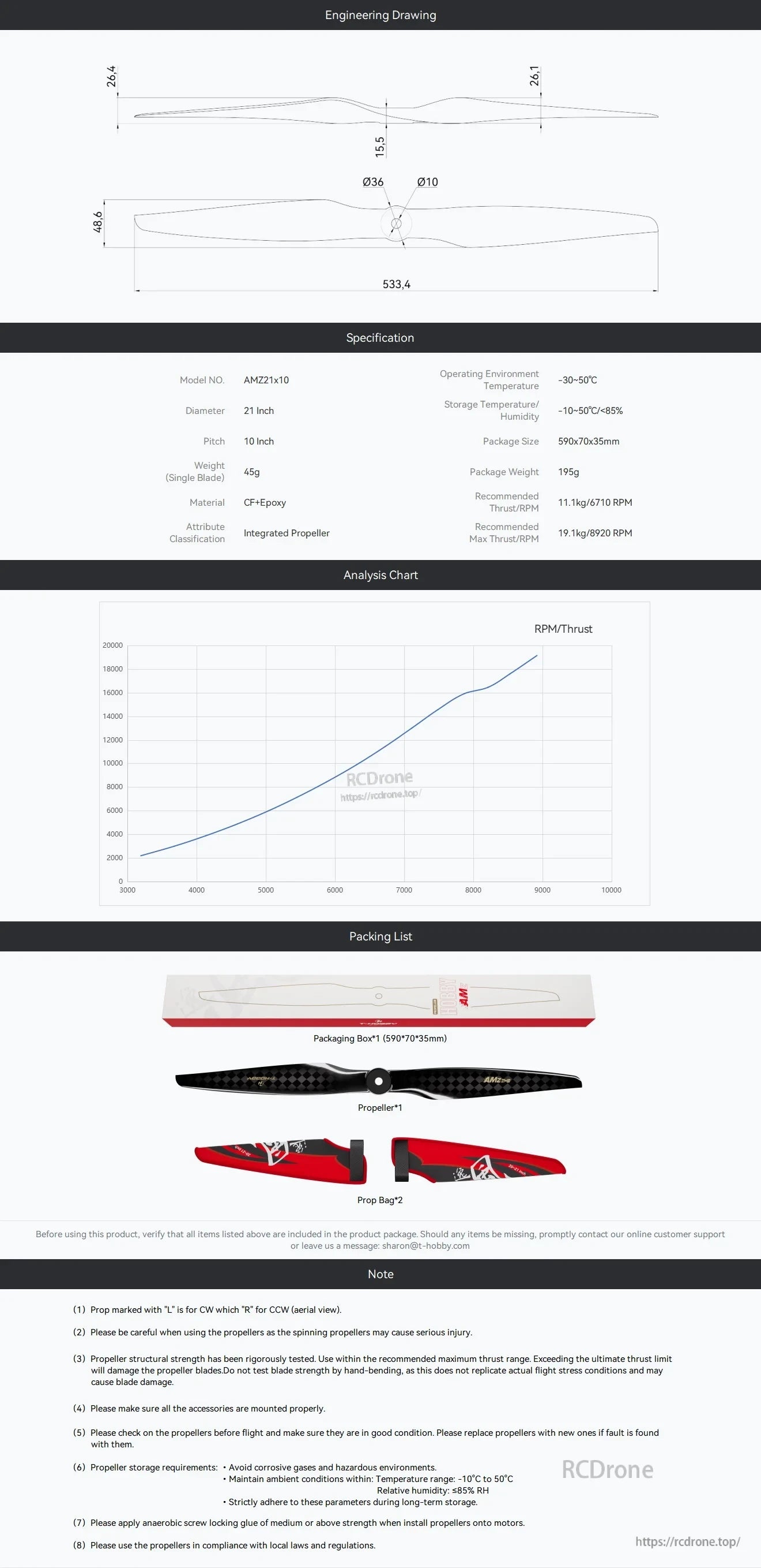 T-Hobby AMZ 25x10 Carbon Fiber Propeller, Engineering drawing and spec sheet for AMZ21x10 carbon fiber propeller, 21-inch diameter, 10-inch pitch, with packing list