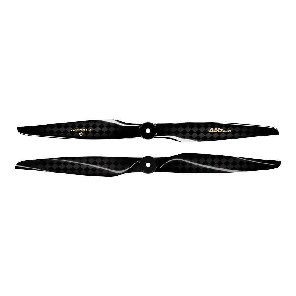 Pair of black carbon fiber AMZ 18x10 RC airplane propellers with checker-weave finish and center mounting holes