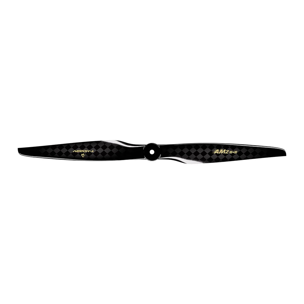 T-Hobby AMZ 18x10 two-blade carbon fiber propeller with black checkered finish and center mounting hole