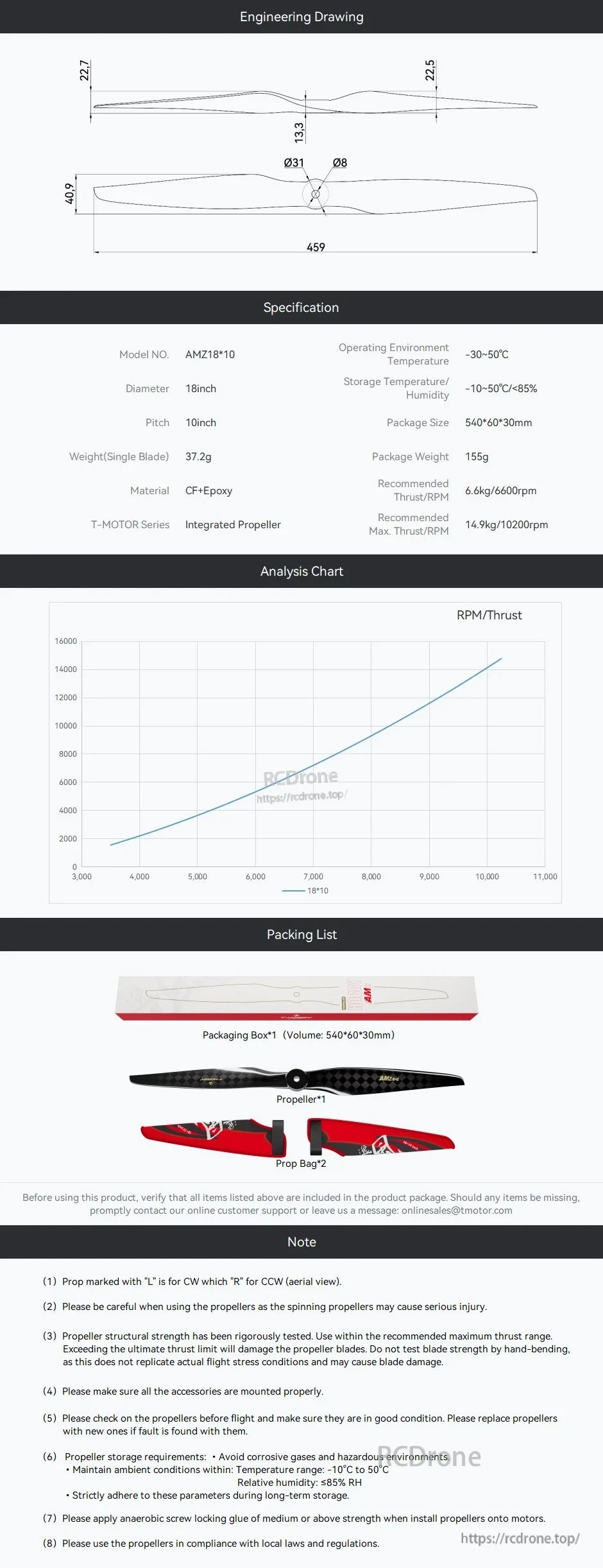 Engineering drawing and specs for AMZ18*10 carbon fiber propeller, 18x10 size, Ø31/Ø8 hub and packing list