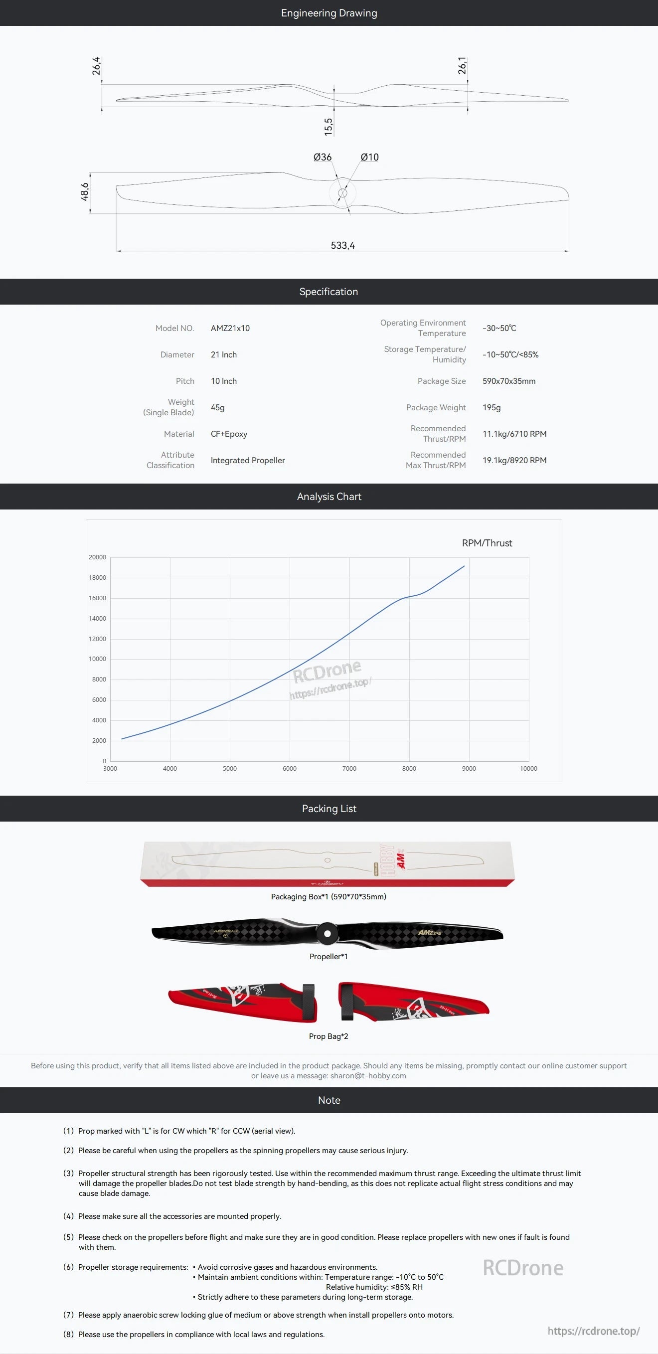 T-Hobby AMZ21x10 carbon fiber propeller spec sheet with 21-inch x 10-inch dimensions, thrust/RPM chart, and packing list