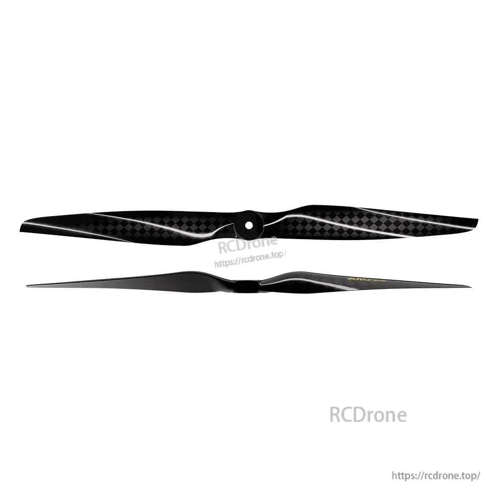 T-Hobby AMZ24*10 24x10 Carbon Fiber Propeller, T-Hobby AMZ24*10 24x10 carbon fiber two-blade propeller with center mounting hole, shown top and side view