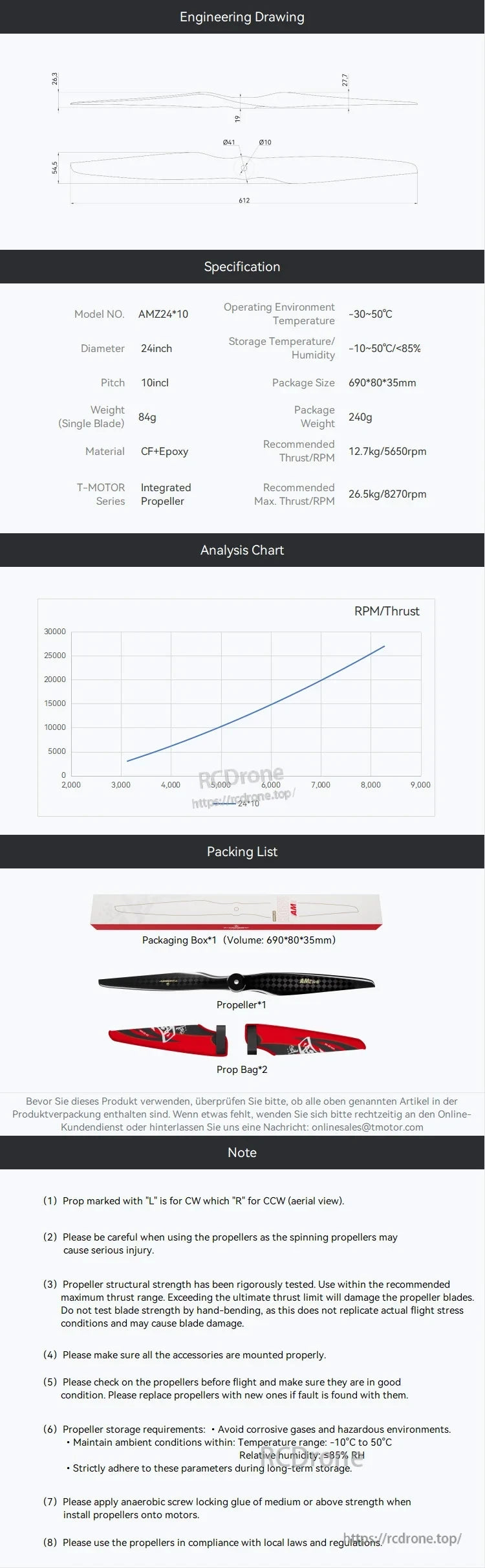 T-Hobby AMZ24*10 24x10 Carbon Fiber Propeller, AMZ24*10 24x10 carbon fiber propeller spec sheet with engineering drawing, key dimensions, and packing list