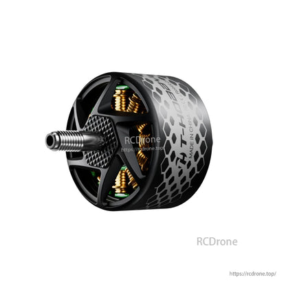 T-Hobby CINE66 PRO 2812 brushless motor close-up with threaded shaft, black end bell, and visible copper windings
