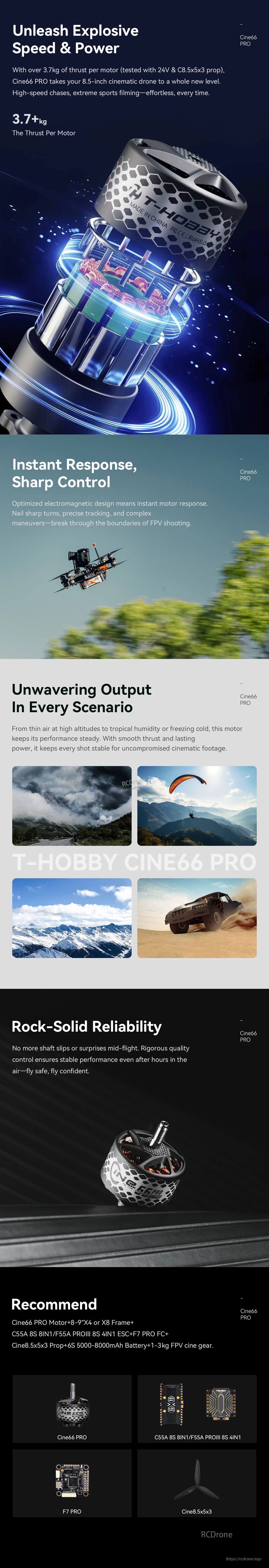 T-Hobby CINE66 PRO 2812 brushless motor with honeycomb can design and 3.7 kg thrust claim in infographic