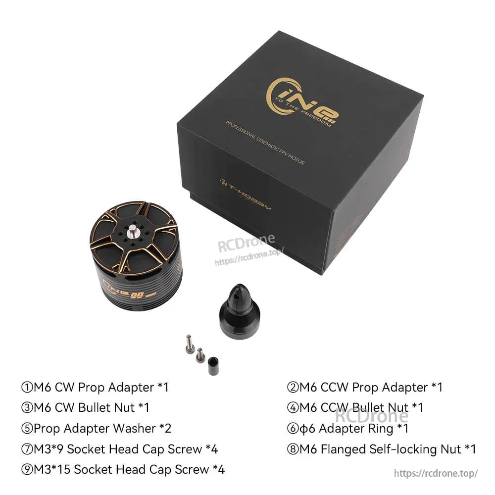 T-Hobby Cine99 4220 350KV Motor, T-Hobby Cine99 4220 drone motor with branded box and included M6 CW/CCW prop adapters, nuts and screws