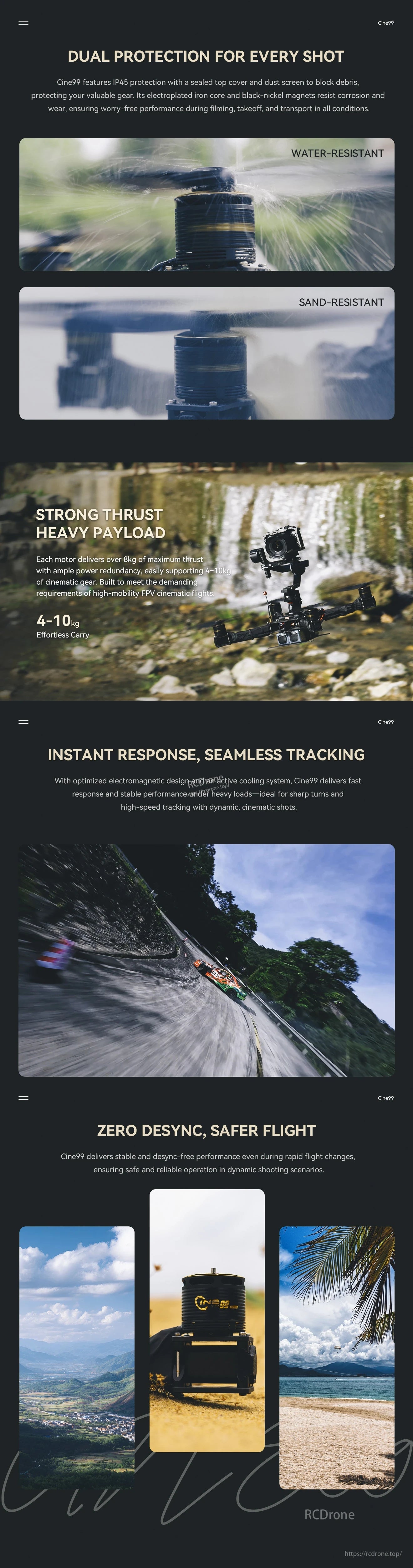 T-Hobby Cine99 4220 350KV motor infographic noting IP45 protection plus water-resistant and sand-resistant design