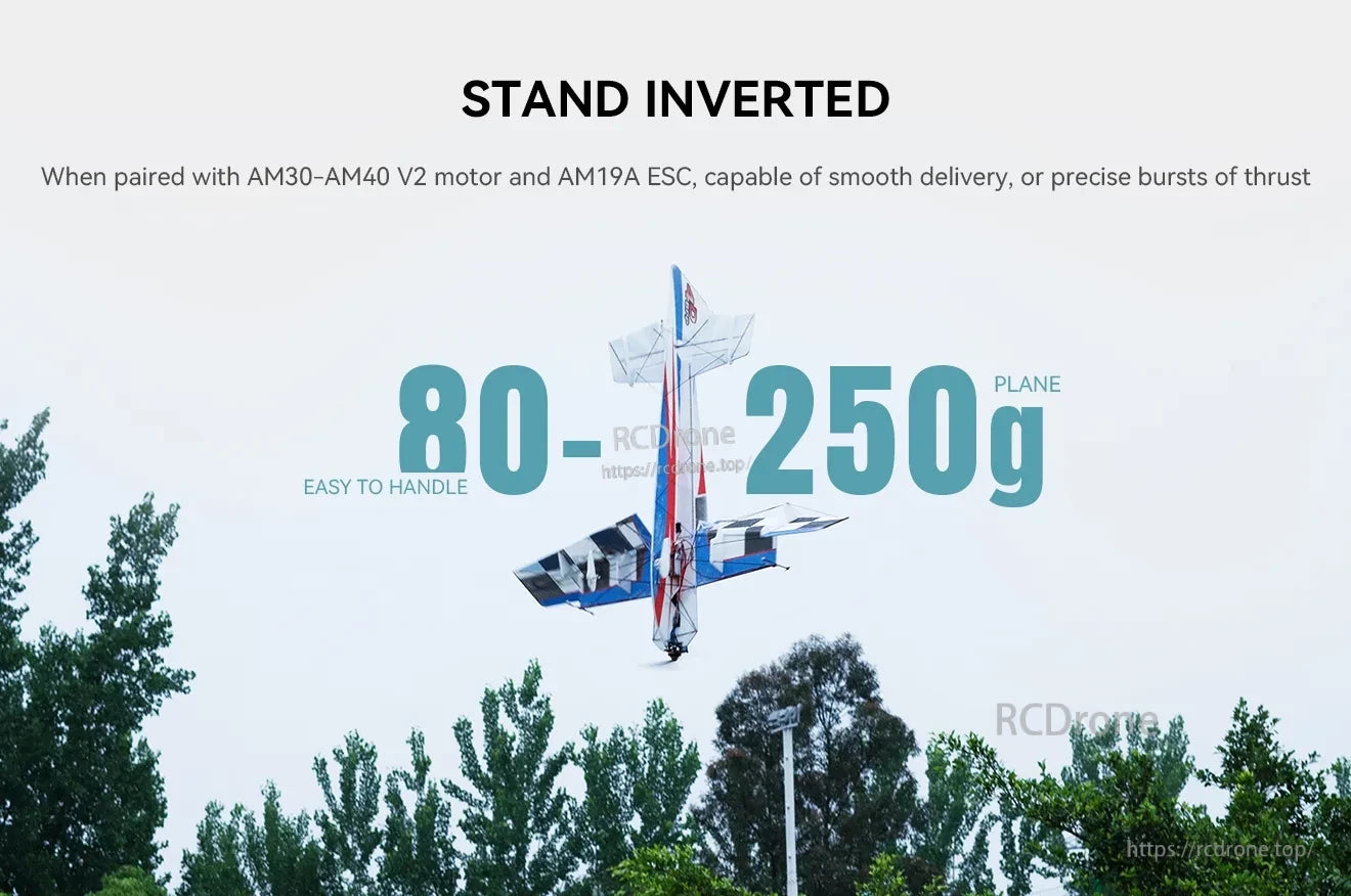 RC airplane flying inverted over trees with “STAND INVERTED” and “80–250g plane” text overlay