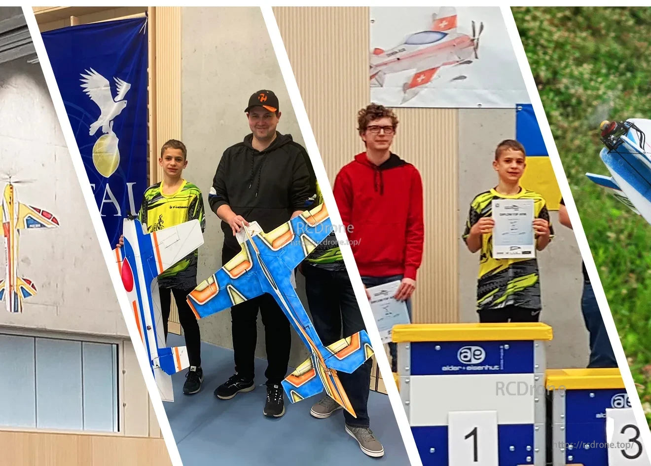 Collage of RC fixed-wing model aircraft at an indoor event, with participants holding planes and certificates
