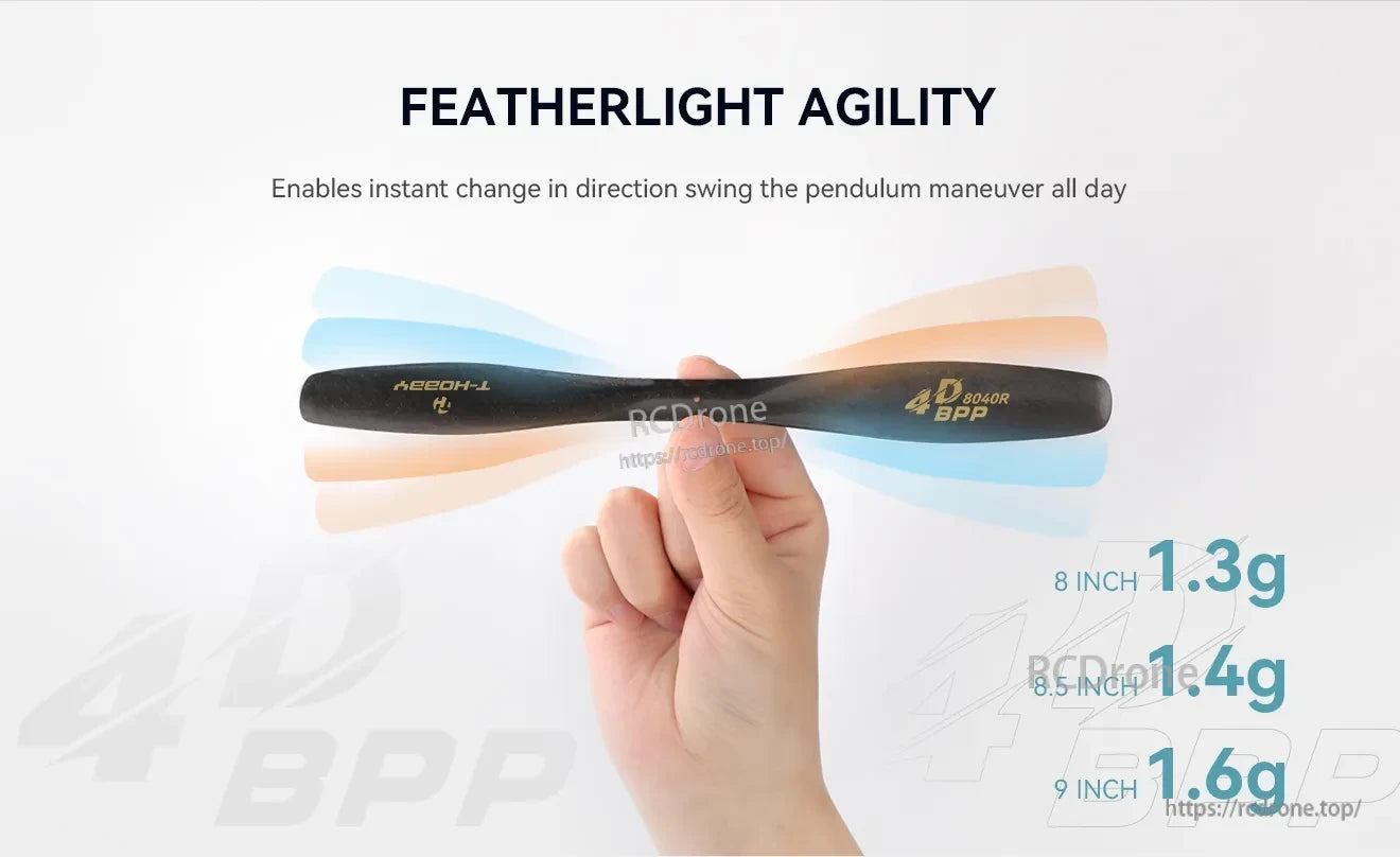 T-Hobby 8040 BPP carbon fiber fixed-wing propeller blade (8040R) held in hand, 8 inch 1.3g